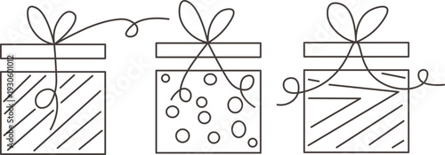 Linear set of Birthday presents, Christmas gift boxes ,gifts with ribbon bow in vector. Elements for party New Year celebration holiday stickers