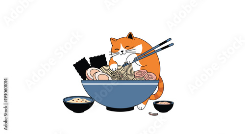 An adorable and funny illustration of a chubby ginger cat sitting in a large bowl, happily eating Japanese ramen noodles with chopsticks.