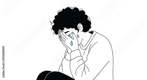 A simple black, white, and blue line drawing of a person with curly hair sitting and crying, with large blue tears falling from their eyes.
