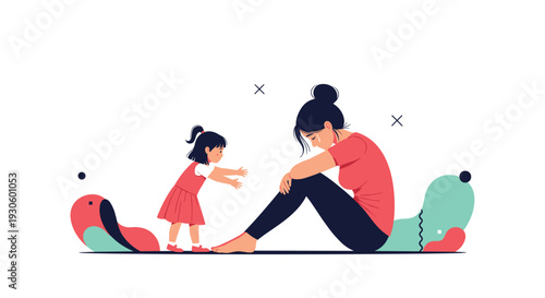 A touching illustration of a young daughter reaching out to comfort her sad mother who is sitting on the floor and crying, showing empathy and love.