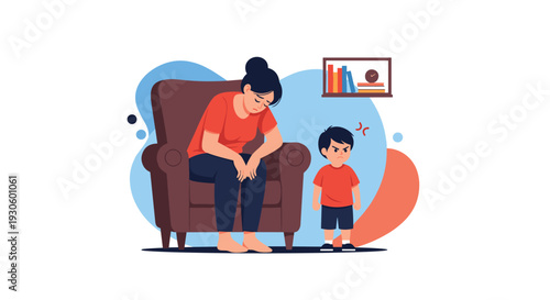 An illustration showing family conflict, with a tired and sad mother sitting in a chair while her young son stands nearby looking angry and upset.