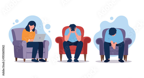 A collection of three illustrations showing people sitting in armchairs, expressing sadness, depression, and loneliness through their body language.