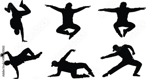Breakdance performer silhouettes isolated on white background, dynamic hip hop dancers in freeze and power moves, urban street dance action illustration set