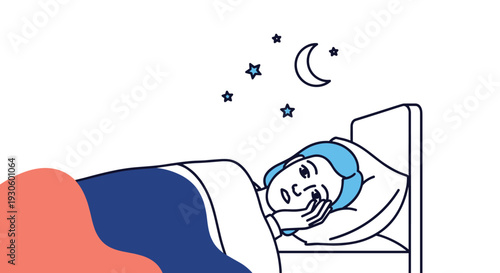 An illustration of a worried woman lying awake in bed at night, unable to sleep, with the moon and stars visible outside her window.