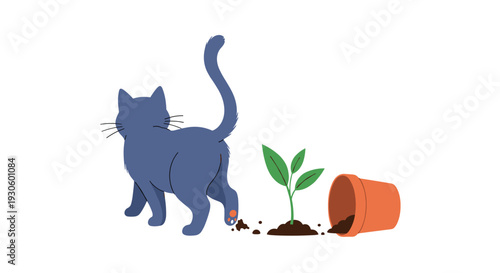 A simple illustration of a blue cat walking away after having knocked over a terracotta pot, spilling soil and a small green plant onto the floor.