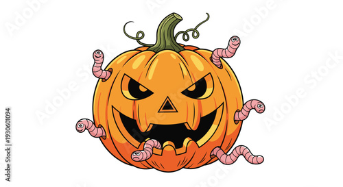 A creepy and spooky cartoon Halloween jack-o'-lantern with an evil grin, infested with pink worms crawling out of its eyes, nose, and mouth.