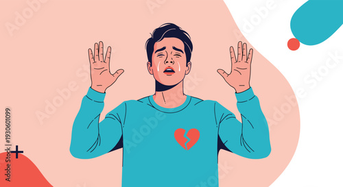 A distraught young man crying with his hands up in surrender or despair, with a small broken heart symbol on his chest, expressing deep sadness.
