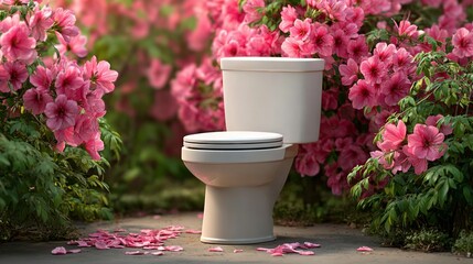 White toilet surrounded by vibrant pink flowers on a garden path, petals scattered on the ground, creating a unique juxtaposition of nature and plumbing fixture