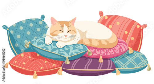 Adorable ginger and white cat sleeping peacefully and comfortably on a large pile of colorful and decorative soft pillows.