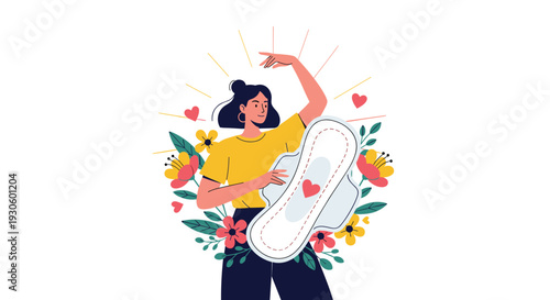 Confident, smiling woman surrounded by flowers holds a sanitary pad, promoting body positivity and destigmatizing the menstrual cycle.