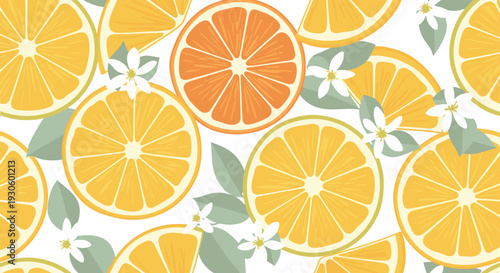 Fresh and cheerful seamless pattern of citrus fruit featuring whole and sliced oranges with green leaves and white blossoms.