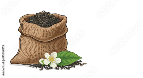 Burlap sack overflowing with dried loose-leaf black tea, accompanied by fresh green tea leaves and a delicate white flower.