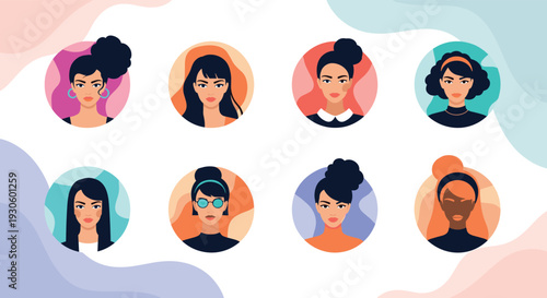 A diverse collection of eight beautiful women's portraits in circular frames, showcasing different hairstyles, ethnicities, and styles.