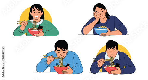 A set of four illustrations showing a man and a woman eating ramen noodles with varying expressions of happiness and sadness.