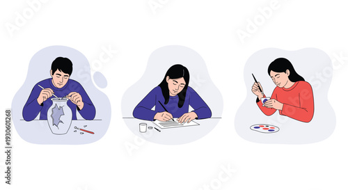 A collection of three scenes showing people engaging in creative art therapy activities like kintsugi, writing, and painting.