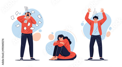 A set of three characters expressing negative emotions, including a stressed man, a sad woman, and an angry shouting man.