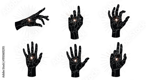 Set of six mystical black hands in various gestures, featuring a cracked texture and a bright, shining light in the palm.