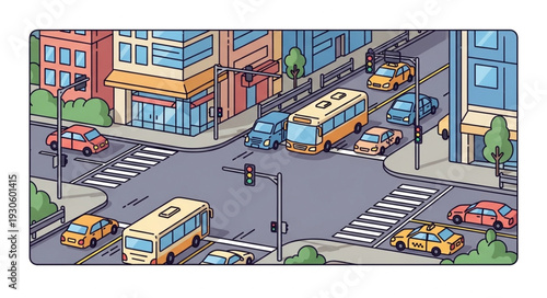 City Street with Buses and Cars.