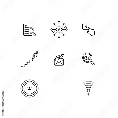 Digital marketing and SEO optimization linear icon set, conversion funnel, targeted advertising and search engine analytics vector symbols