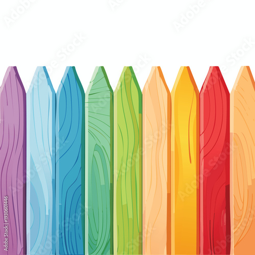 Colorful wooden fence with vibrant hues against white