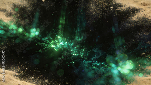 Abstract glowing texture with heavy gritty grain and sand-like noise featuring emerald green and deep teal bioluminescent glows, soft bokeh blooms, and vertical streaks of diffused light against a dee