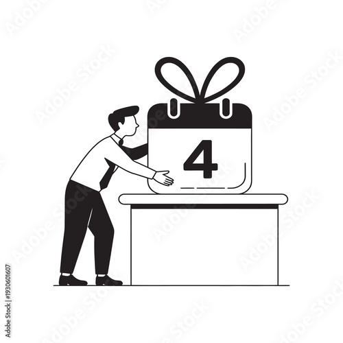 A man pushing a large calendar with a gift bow on top.