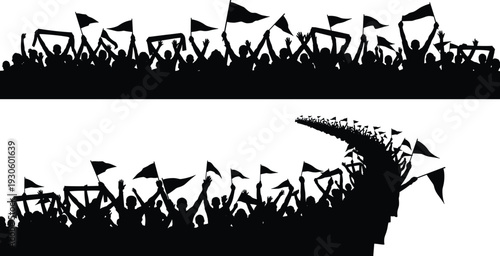 Cheering crowd silhouettes with flags isolated on white background, protest rally and celebration fans waving banners, large group demonstration concept illustration set