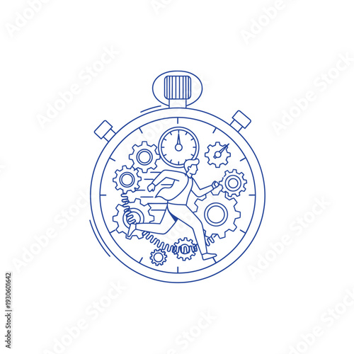 Man Running Inside Stopwatch Mechanism Gears.