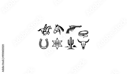 Monochrome Western Cowboy and Horse Icons – Wild West Vector Collection