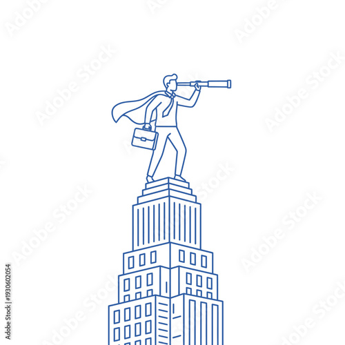 Man with Spyglass on Skyscraper Top.