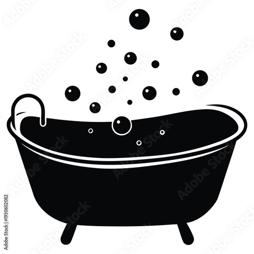 Simple Minimalist Black Bathtub with Bubbles Illustration isolated on White Background