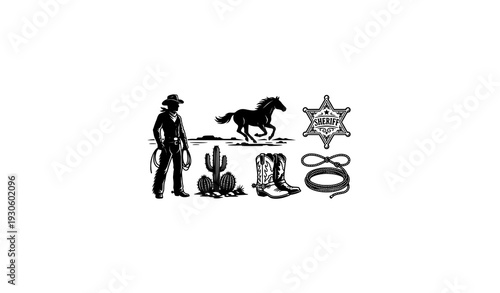 Black and White Western Symbols Set – Cowboy and Horse Silhouette Vector