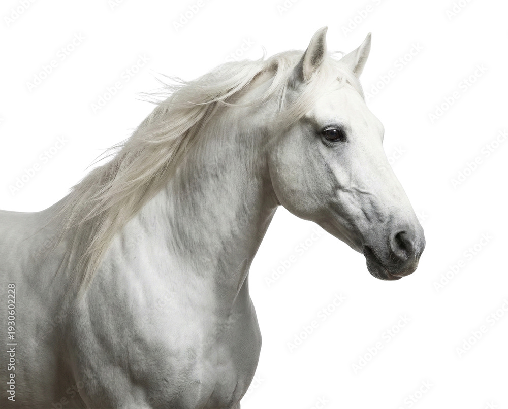 Obraz premium Elegant White Horse Head with Flowing Mane Isolated on White Background