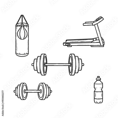 Dumbbell, treadmill, water bottle, and punching bag for home gym setup