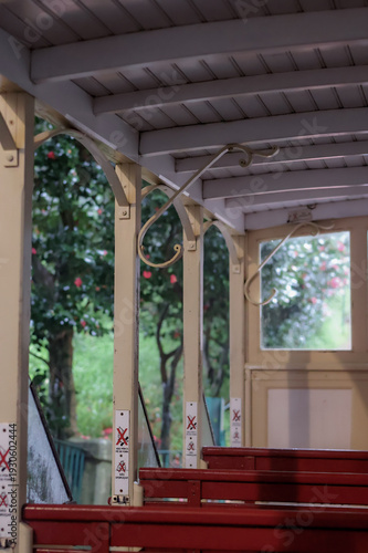 Vintage Tram Interior with Wooden Seats