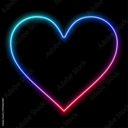 Neon heart made of multicolored lines. Vector isolated love symbol mode of glowing repeating contours of red, blue, yellow, and purple rainbow colors on a dark blue background for a love design templa
