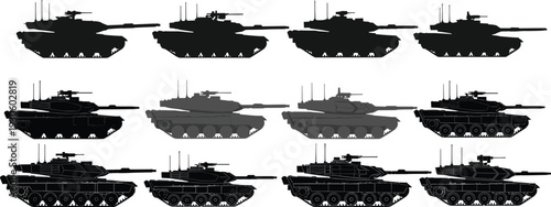Tank silhouettes, military vehicles, army equipment, war machines, combat illustration, weapon design, defense art, armored vehicles, battle graphics, warfare icons