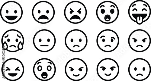 Expressive Emotion Collection: A dynamic array of simple, black and white emoticons, each depicting a unique facet of human sentiment and inner thoughts.