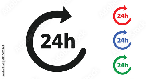 A graphic illustration of a large black 24-hour clock cycle icon with smaller red, blue, and green versions on a white background.