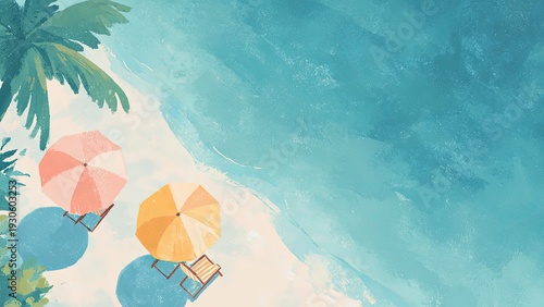 南国ビーチを俯瞰で描いた海とパラソルの爽やかな夏風景イラスト
