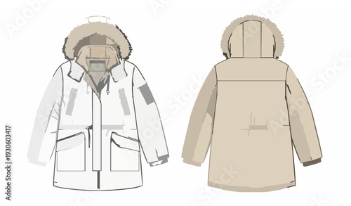 Faux Fur Collar Hooded Parka Coat Technical Fashion Illustration CAD Template