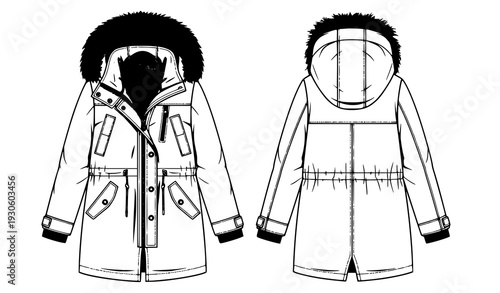 Unisex Faux Fur Hooded Parka Flat Sketch Technical CAD Mockup