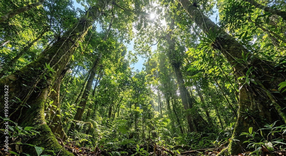 Fototapeta premium Low angle view of dense tropical rainforest with tall trees, lush green canopy, sunlight breaking through leaves, nature and environment concept