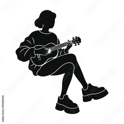 Minimalist Silhouette of a Person Playing Ukulele in a Melancholic Mood isolated on White Background