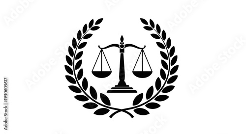 Scales of Justice with Laurel Wreath Symbolizing Law and Equality on Isolated White Background