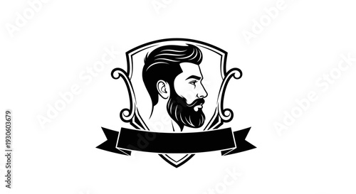 Profile of a bearded man with classic hairstyle inside a shield emblem with a blank ribbon banner, isolated white background.