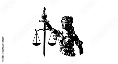 Detailed illustration of Lady Justice, blindfolded and holding scales and sword, symbolizing law and fairness, isolated white background.
