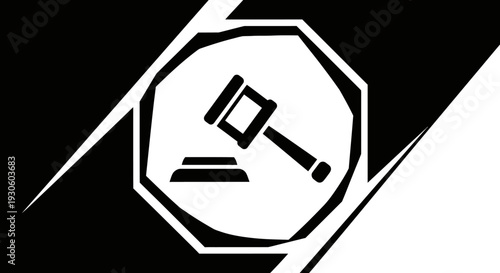 Bold black and white circular logo featuring a judge's gavel and sound block with a diagonal design, isolated white background.