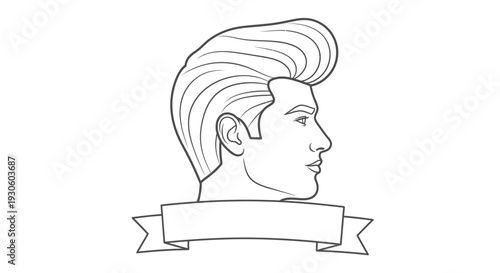 Line art profile of a stylish man with a classic pompadour hairstyle and an empty ribbon banner, isolated white background.