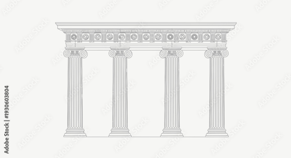 Fototapeta premium Outline drawing of four classical Greek columns, architectural element, isolated white background.